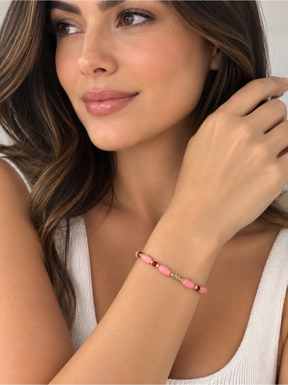Roxanne Assoulin Pink Enamel and Gold Bead Stretch Bracelet. NEW